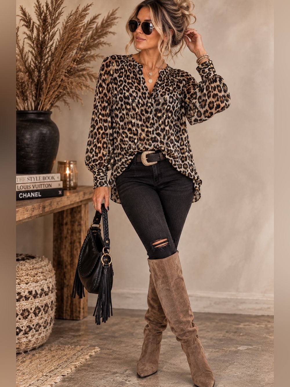 Chico’s Leopard Print Metallic Gold Sheer Blouse Statement Sleeve Top Size 2.5